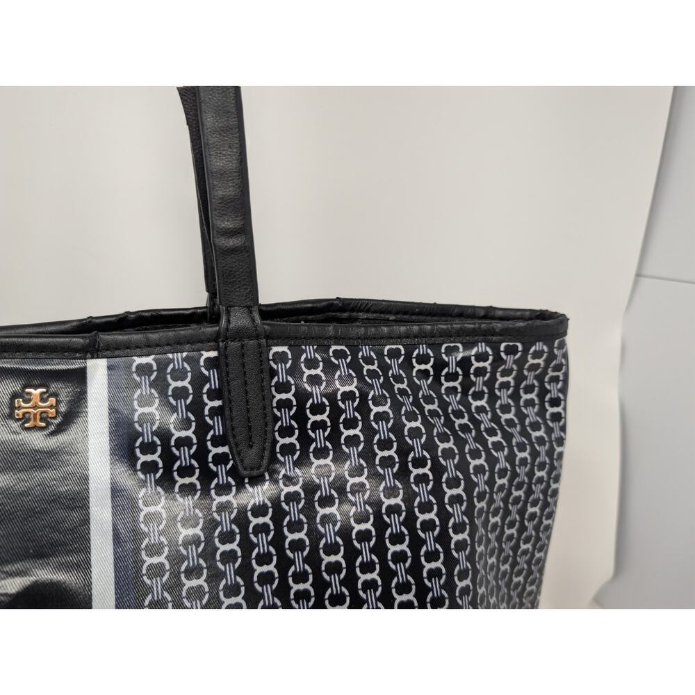 Tory Burch Gemini Link Tote Black Logo Print Coated Canvas Carryall - Picture 5 of 16